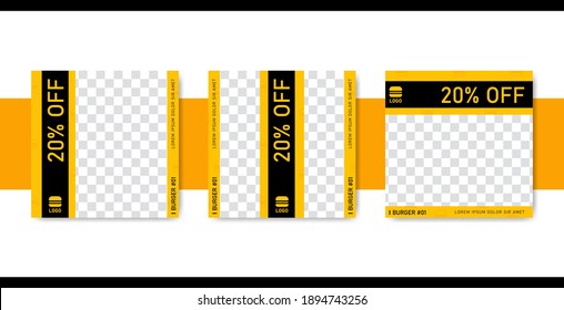 Social media feed post promotion design template set for fast food or barbeque restaurant in bold black yellow style