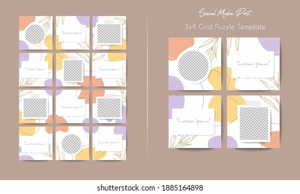 Social media feed post template in grid puzzle style with organic shape background