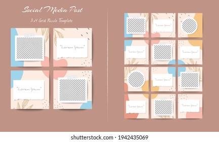 Social media feed post template set in grid puzzle style with organic shape background