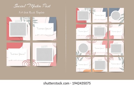 Social media feed post template set in grid puzzle style with organic shape background