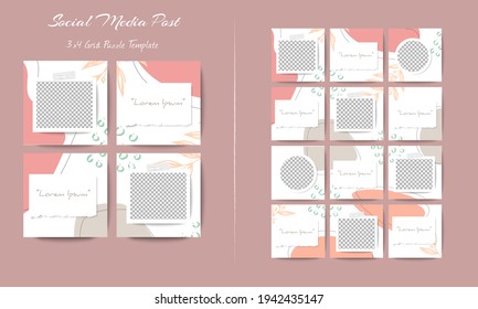 Social media feed post template set in grid puzzle style with organic shape background
