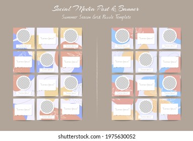 Social media feed post template set in grid puzzle style with organic shape background