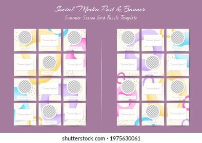 Social media feed post template set in grid puzzle style with organic shape background