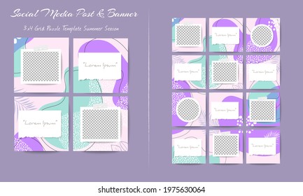 Social media feed post template set in grid puzzle style with organic shape background
