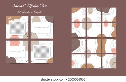 Social media feed post template in grid puzzle style with one line art background