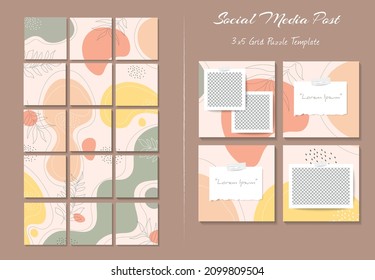 Social media feed post template in grid puzzle style with organic shape background