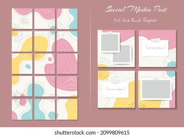 Social media feed post template in grid puzzle style with organic shape background