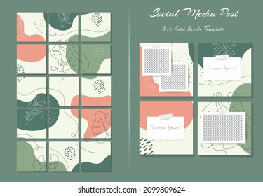 Social media feed post template in grid puzzle style with organic shape background