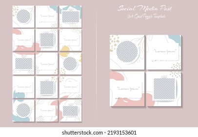 Social media feed post template set in grid puzzle style with organic shape background	
