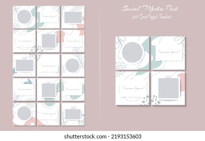 Social media feed post template set in grid puzzle style with organic shape background	