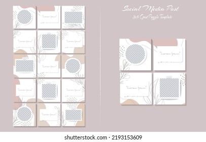 Social media feed post template set in grid puzzle style with organic shape background	