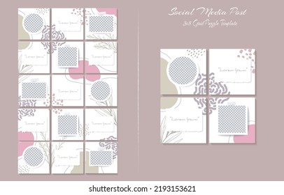 Social media feed post template set in grid puzzle style with organic shape background	