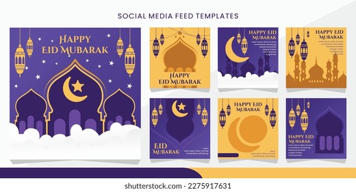 Social media feed post template set for Greeting eid mubarak. Promotion design with lantern illustration and Islamic pattern. Usable for social media, flyers, and web ads. eps10.