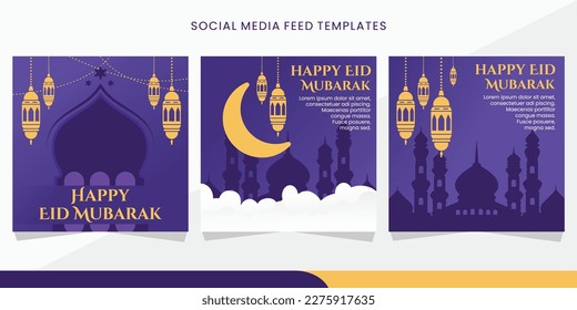 Social media feed post template set for Greeting eid mubarak. Promotion design with lantern illustration and Islamic pattern. Usable for social media, flyers, and web ads. eps10.