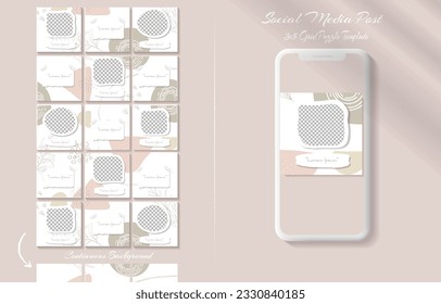Social media feed post template set in grid puzzle style with organic shape background	