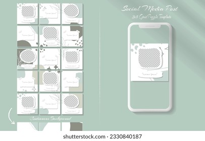 Social media feed post template set in grid puzzle style with organic shape background	