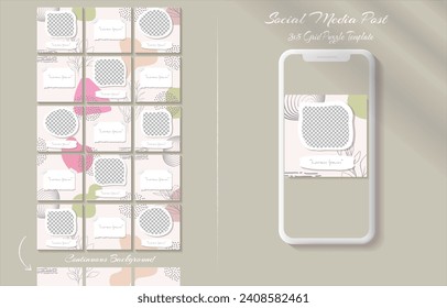 Social media feed post template set in grid puzzle style with organic shape background	