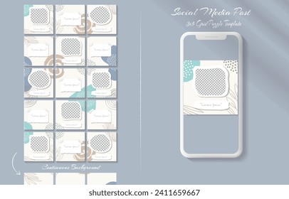Social media feed post template set in grid puzzle style with organic shape background	