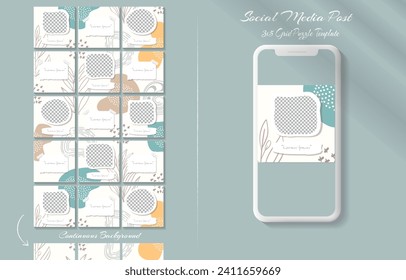 Social media feed post template set in grid puzzle style with organic shape background	