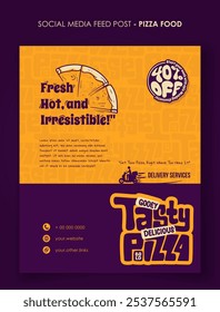 Social media feed post template in orange purple background with typography design for pizza advertisement. Street food advertising template