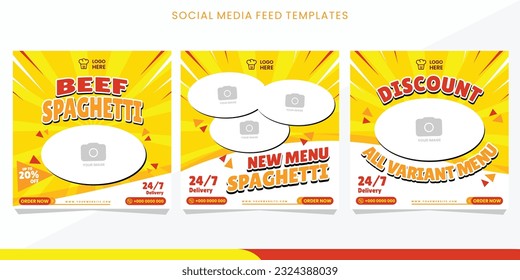 Plantilla de fuentes de medios sociales para el post de la plaza de restaurantes de comida italiana Spaghetti. EPS10.