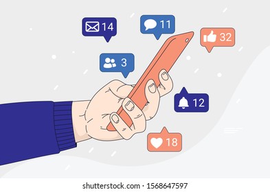 Social media feedback - casual male hand interacting with smartphone, notifications popping up, friend request, likes, messages and follow icons. Vector illustration concept.