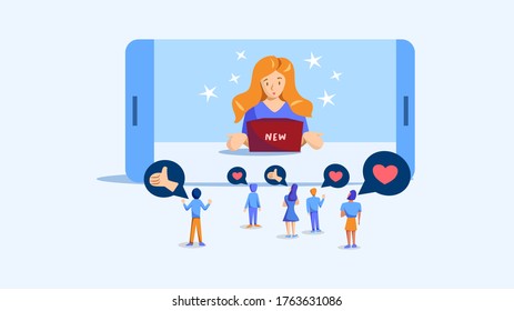 Social media female influencer marketing, type of promotion and advertisement. A woman showing a product with audiences or customers who love and like, vector illustration