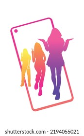 Social media female influencers silhouettes in screen of smartphone