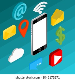 Social media flat 3d isometric concept vector icons. Desktop, chat, video, camera, phone. Flat web illustration infographics collection. Flat design vector illustration concepts social media