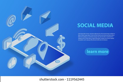 Social media flat 3d isometric concept vector icons. Desktop, chat, video, camera, phone, tablet. Flat web illustration infographics collection.