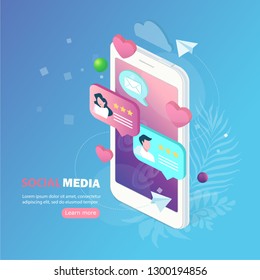 Social media flat 3d isometric concept vector icons. Social network concept. Flat web illustration infographics collection.