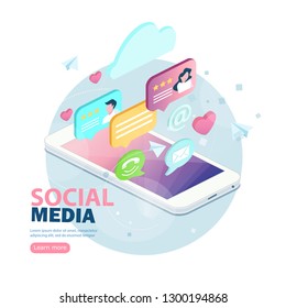 Social media flat 3d isometric concept vector icons. Social network concept. Flat web illustration infographics collection.