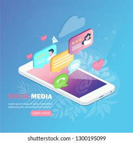 Social media flat 3d isometric concept vector icons. Social network concept. Flat web illustration infographics collection.