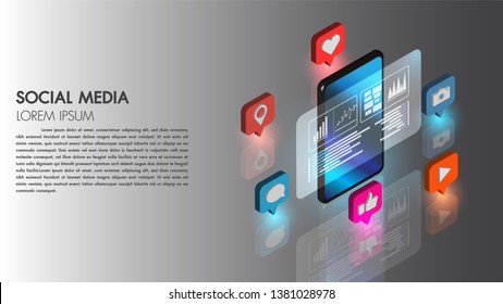 Social media flat 3d isometric concept vector icon with mobile phone technology connect database digital cyber process vector illustration.