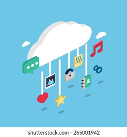 Social media flat 3d isometric pixel art modern design concept vector icons composition set. Desktop, chat, video, photo, music, phone, tablet. Flat web illustration infographics collection.