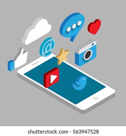 Social Media Flat 3d Isometric Concept Vector Icons. Desktop, Chat, Video, Camera, Phone, Tablet.  Flat Web Illustration Infographics Collection.