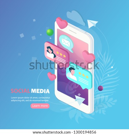 Social media flat 3d isometric concept vector icons. Social network concept. Flat web illustration infographics collection.