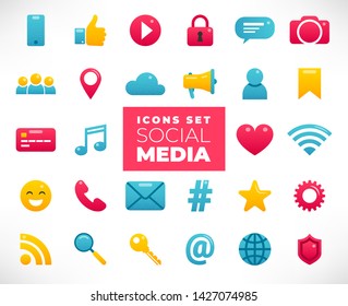 Social media flat color icons with texture set isolated on white backgrond. Icon collection with chat, video, mail, phone, hashtag, like, music sign, loudspeaker. For web, design, apps, infographics