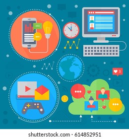Social Media flat concept design. Media icons in circles. Digital marketing infographics template banner design. Vector illustration.