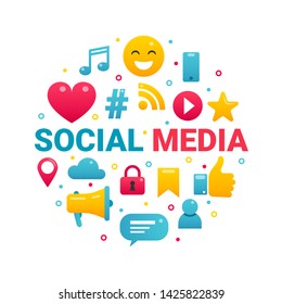 Social media flat concept with text and icons for web site, application, banner. Vector illustration