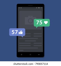 Social media flat concept vector icons. Desktop, chat, camera, phone, smartphone, tablet. Flat web illustration infographics collection. Counter of likes and follows - stock vector