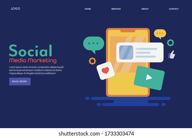 Social Media flache Design Konzept, Social Media Marketing, Content, Video, Apps - konzeptionelle Vektorlandung Seite Vorlage