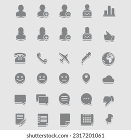 conjunto de iconos planos de medios sociales, icono de perfil, teléfono, imoji, archivo, nube, pulgar, pin, mensajero