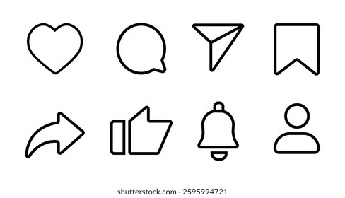 Social media flat icon, Set of social media user interface icons vector illustration, Like, comment, share, save, forward, notification and profile icons isolated. symbols of social media clipart.