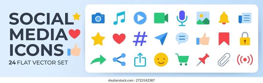 Conjunto de iconos planos de redes sociales. Cámara, estrella, burbuja de chat, corazón, campana de notificación, Ilustraciones vectoriales coloridas de Carrito de compras. Formas sólidas vibrantes para la comunicación móvil del App ui y del sns del Internet.