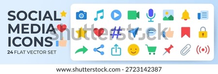 Social media flat icon set. Camera, star, chat bubble, heart, notification bell, shopping cart colorful vector illustrations. Vibrant solid shapes for mobile app ui and internet sns communication.