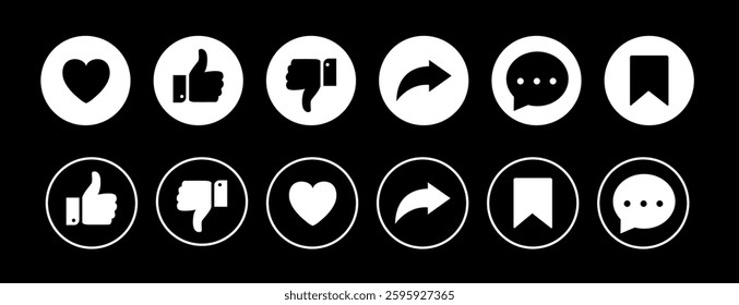 Social media flat icon vector illustration, Set of generic social media user interface icons isolated. line icons vector, Like, share, comment , book mark, forward, love heart icon isolated. 