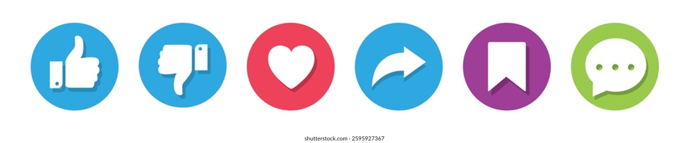 Social media flat icon vector illustration, Set of generic social media user interface icons isolated. line icons vector, Like, share, comment , book mark, forward, love heart icon isolated. 