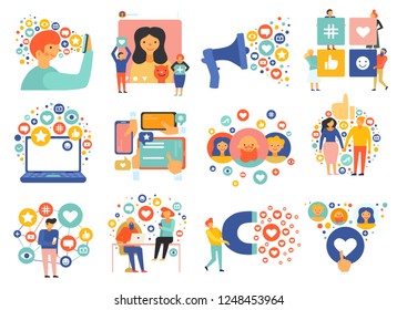 Social media flat icons collection with online dating information sharing communication network groups symbols isolated vector illustration