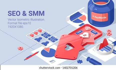Social media flat isometric vector concept. Tools for SEO specialist, Keywords and hashtag. Data analitics